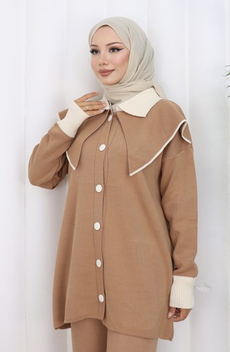 Ensemble Deux Pièces En Tricot Tunique Boutonnée Et Pantalon Garni 1122-04 Café Au Lait 1122-04