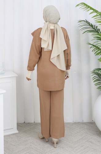 Ensemble Deux Pièces En Tricot Tunique Boutonnée Et Pantalon Garni 1122-04 Café Au Lait 1122-04