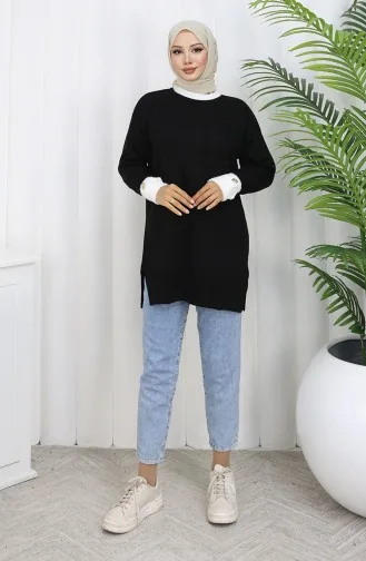 Gebreide Tuniek Met Knoopdetail Op De Mouw 3000-01 Zwart 3000-01