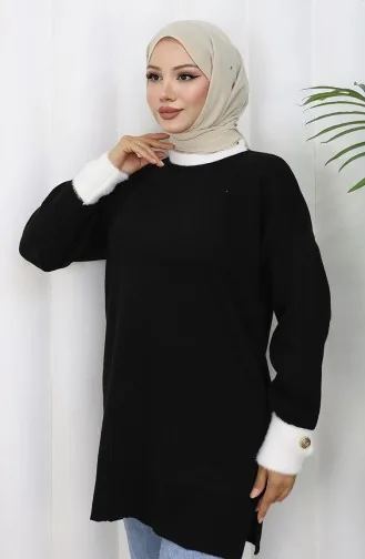 Gebreide Tuniek Met Knoopdetail Op De Mouw 3000-01 Zwart 3000-01