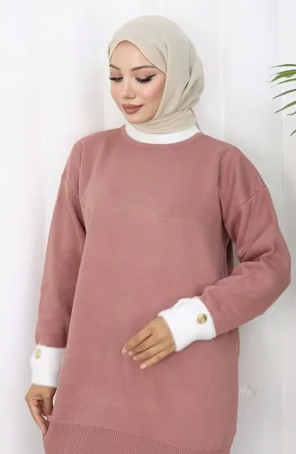 Triko Kolu Düğme Detaylı Garnili Tunik 3000-02 Gül Kurusu