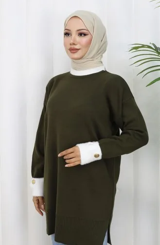 سترة محبوكة مع تفاصيل أزرار على الأكمام 3000-03 كاكي 3000-03