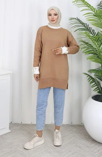 Knitted Tunic With Button Detail On The Sleeve 3000-04 Milk Coffee 3000-04