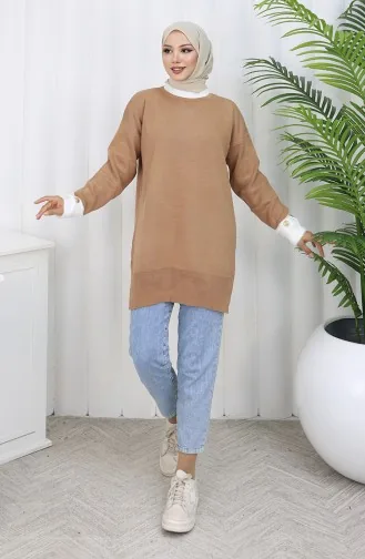 Knitted Tunic With Button Detail On The Sleeve 3000-04 Milk Coffee 3000-04