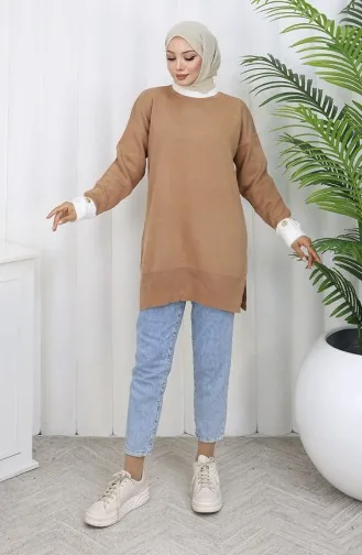 Knitted Tunic With Button Detail On The Sleeve 3000-04 Milk Coffee 3000-04