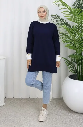 Triko Kolu Düğme Detaylı Garnili Tunik 3000-05 Lacivert