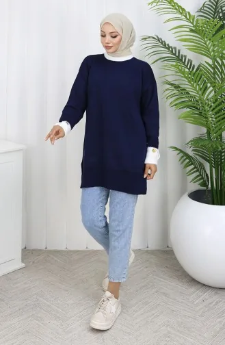 Triko Kolu Düğme Detaylı Garnili Tunik 3000-05 Lacivert