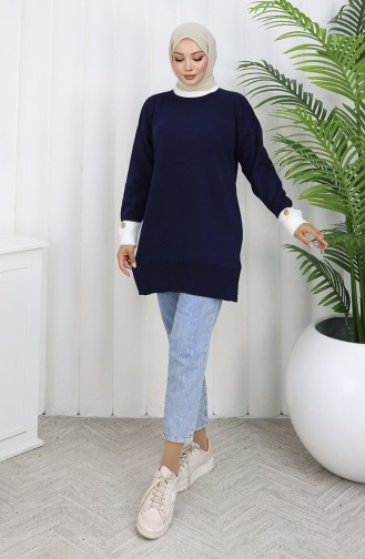 Knitted Tunic With Button Detail On The Sleeve 3000-05 Navy Blue 3000-05