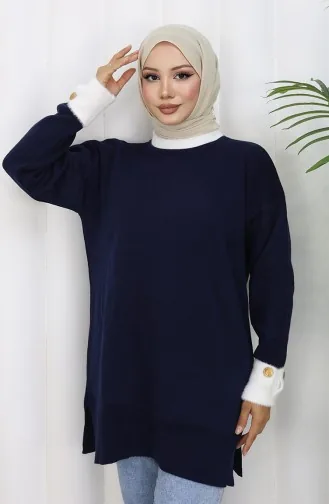 Triko Kolu Düğme Detaylı Garnili Tunik 3000-05 Lacivert