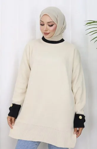 Tunique Tricotée Avec Détail Boutonné Sur La Manche 3000-07 Beige 3000-07