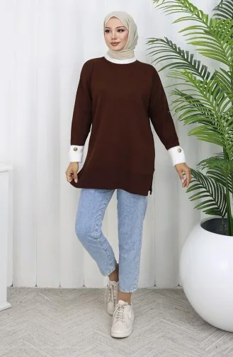 Knitwear Sleeve Button Detailed Garnished Tunic 3000-08 Brown 3000-08