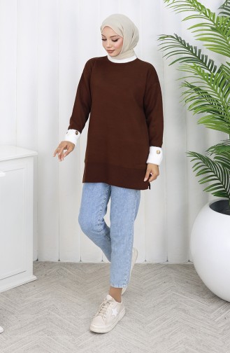 Tunique En Tricot Avec Manches Boutonnées Et Garnitures Détaillées 3000-08 Marron 3000-08