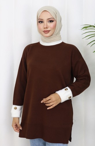 Tunique En Tricot Avec Manches Boutonnées Et Garnitures Détaillées 3000-08 Marron 3000-08