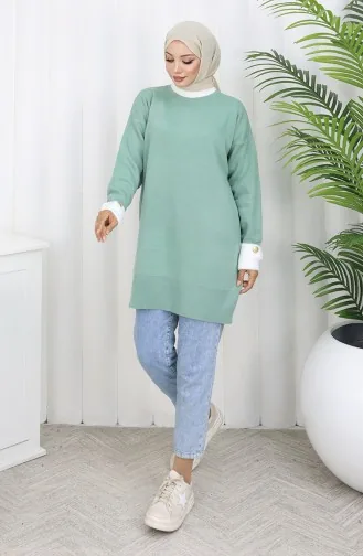 Triko Kolu Düğme Detaylı Garnili Tunik 3000-10 Çağla Yeşili