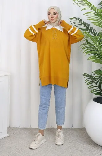 Triko Balon Kollu Yakalı Tunik 3007-02 Hardal