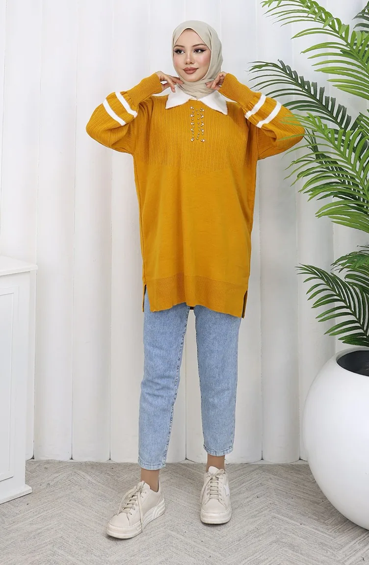 Triko Balon Kollu Yakalı Tunik 3007-02 Hardal