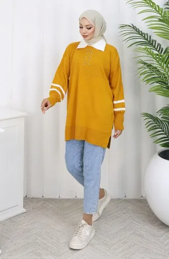 Triko Balon Kollu Yakalı Tunik 3007-02 Hardal