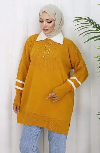 Triko Balon Kollu Yakalı Tunik 3007-02 Hardal