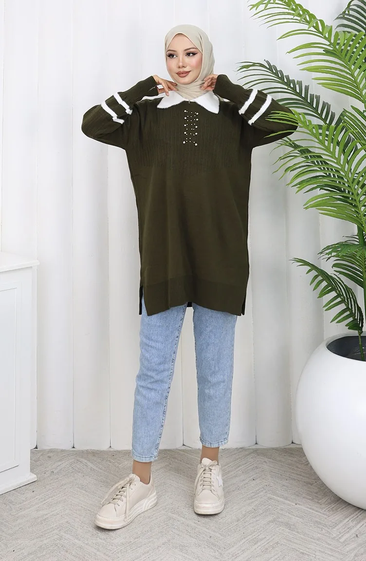 Triko Balon Kollu Yakalı Tunik 3007-03 Haki
