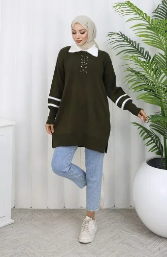 Triko Balon Kollu Yakalı Tunik 3007-03 Haki