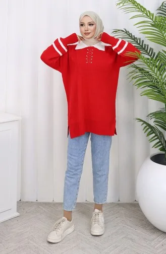 Triko Balon Kollu Yakalı Tunik 3007-08 Kırmızı