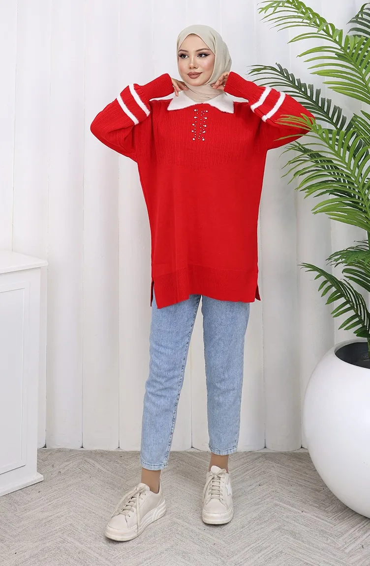 Triko Balon Kollu Yakalı Tunik 3007-08 Kırmızı