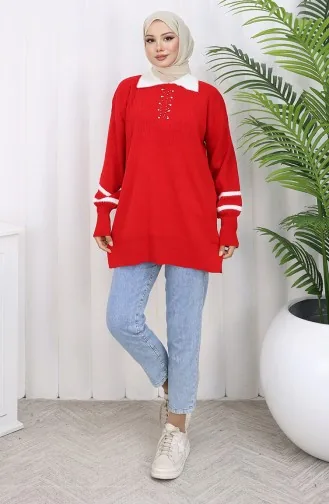 Triko Balon Kollu Yakalı Tunik 3007-08 Kırmızı