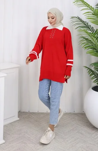Triko Balon Kollu Yakalı Tunik 3007-08 Kırmızı