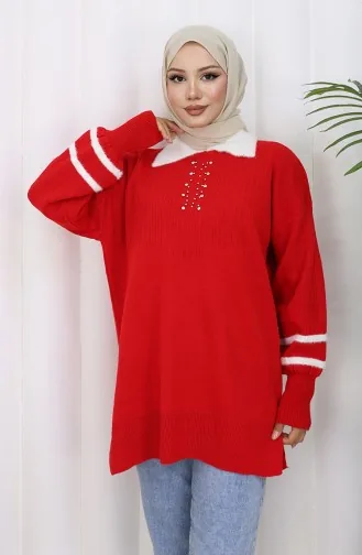 Triko Balon Kollu Yakalı Tunik 3007-08 Kırmızı