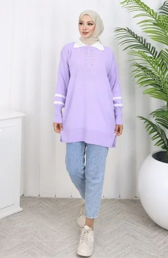 Triko Balon Kollu Yakalı Tunik 3007-09 Lila