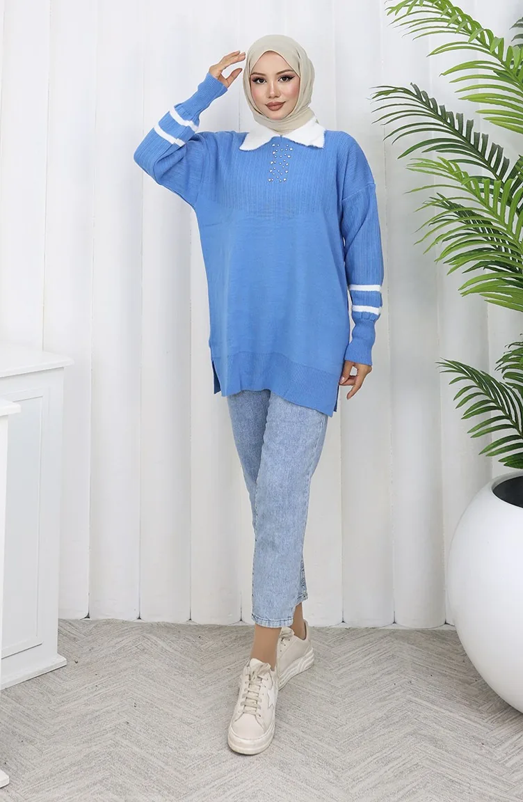 Triko Balon Kollu Yakalı Tunik 3007-11 Mavi
