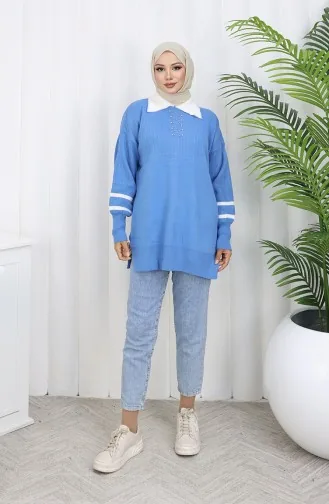 Triko Balon Kollu Yakalı Tunik 3007-11 Mavi