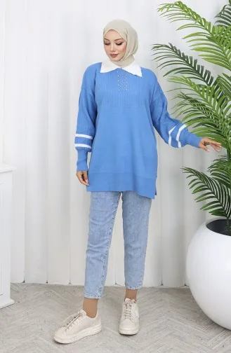 Triko Balon Kollu Yakalı Tunik 3007-11 Mavi
