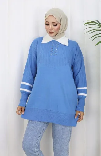 Triko Balon Kollu Yakalı Tunik 3007-11 Mavi