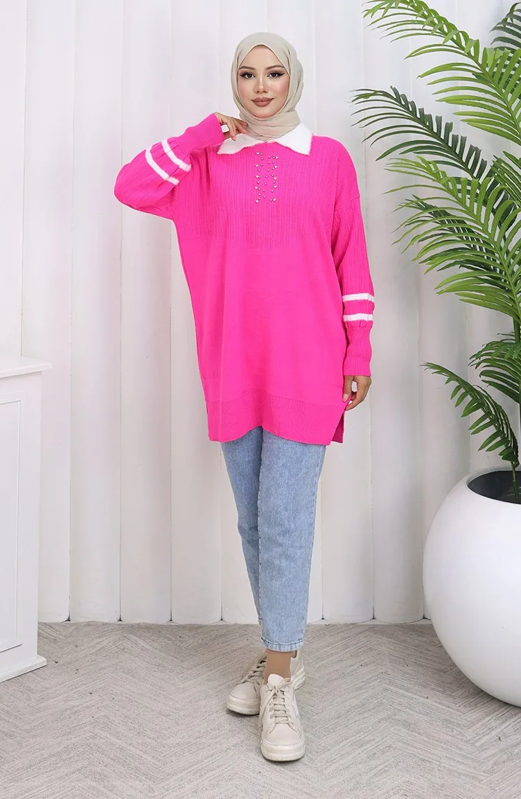 Triko Balon Kollu Yakalı Tunik 3007-12 Fuşya