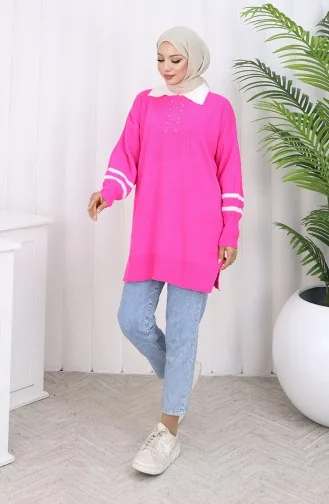 Triko Balon Kollu Yakalı Tunik 3007-12 Fuşya