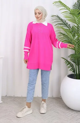 Triko Balon Kollu Yakalı Tunik 3007-12 Fuşya