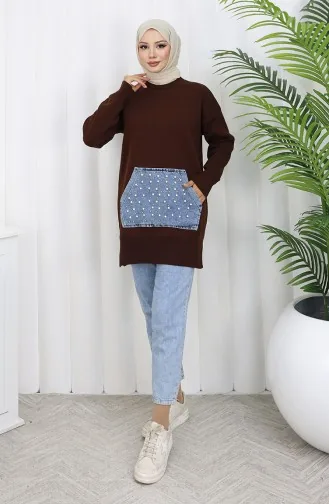 Triko Kanguru Cepli İnci Detaylı Tunik 3030-01 Kahverengi