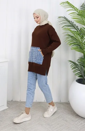 Triko Kanguru Cepli İnci Detaylı Tunik 3030-01 Kahverengi