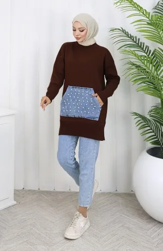 Triko Kanguru Cepli İnci Detaylı Tunik 3030-01 Kahverengi