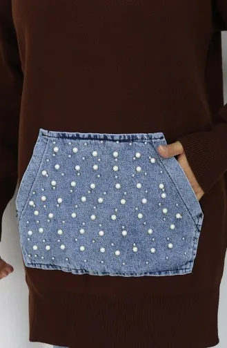 Triko Kanguru Cepli İnci Detaylı Tunik 3030-01 Kahverengi