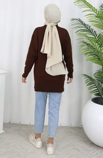 Triko Kanguru Cepli İnci Detaylı Tunik 3030-01 Kahverengi