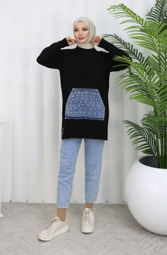 Knitwear Kangaroo Pocket Pearl Detailed Tunic 3030-02 Black 3030-02