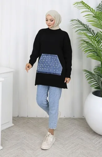 Knitwear Kangaroo Pocket Pearl Detailed Tunic 3030-02 Black 3030-02