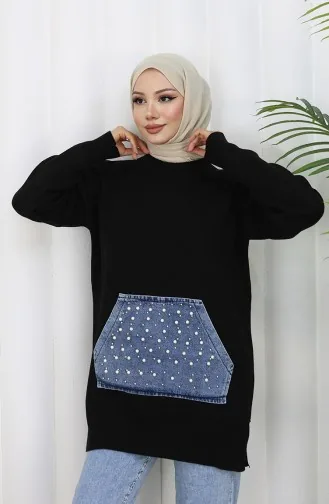 Knitwear Kangaroo Pocket Pearl Detailed Tunic 3030-02 Black 3030-02