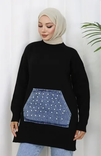 Knitwear Kangaroo Pocket Pearl Detailed Tunic 3030-02 Black 3030-02