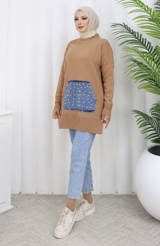 Tunique En Tricot Avec Poche Kangourou Et Détails En Perles 3030-04 Café Au Lait 3030-04