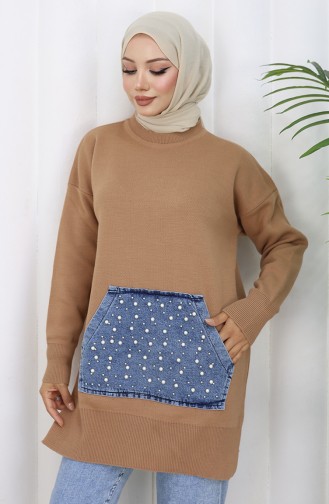 Tunique En Tricot Avec Poche Kangourou Et Détails En Perles 3030-04 Café Au Lait 3030-04