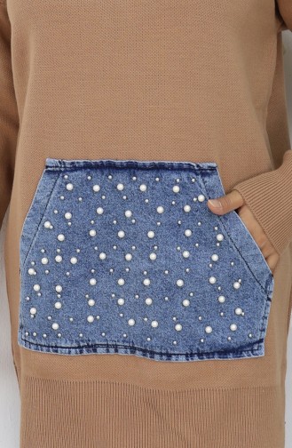 Tunique En Tricot Avec Poche Kangourou Et Détails En Perles 3030-04 Café Au Lait 3030-04