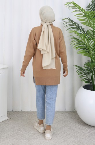 Tunique En Tricot Avec Poche Kangourou Et Détails En Perles 3030-04 Café Au Lait 3030-04